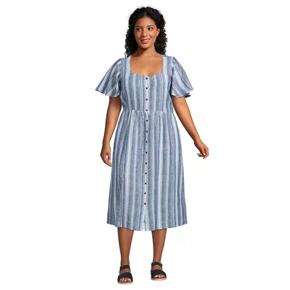 Lands' End Women Linen Sweetheart Button Front Midi Dress Blue Stripe Large G273 - Picture 2 of 11